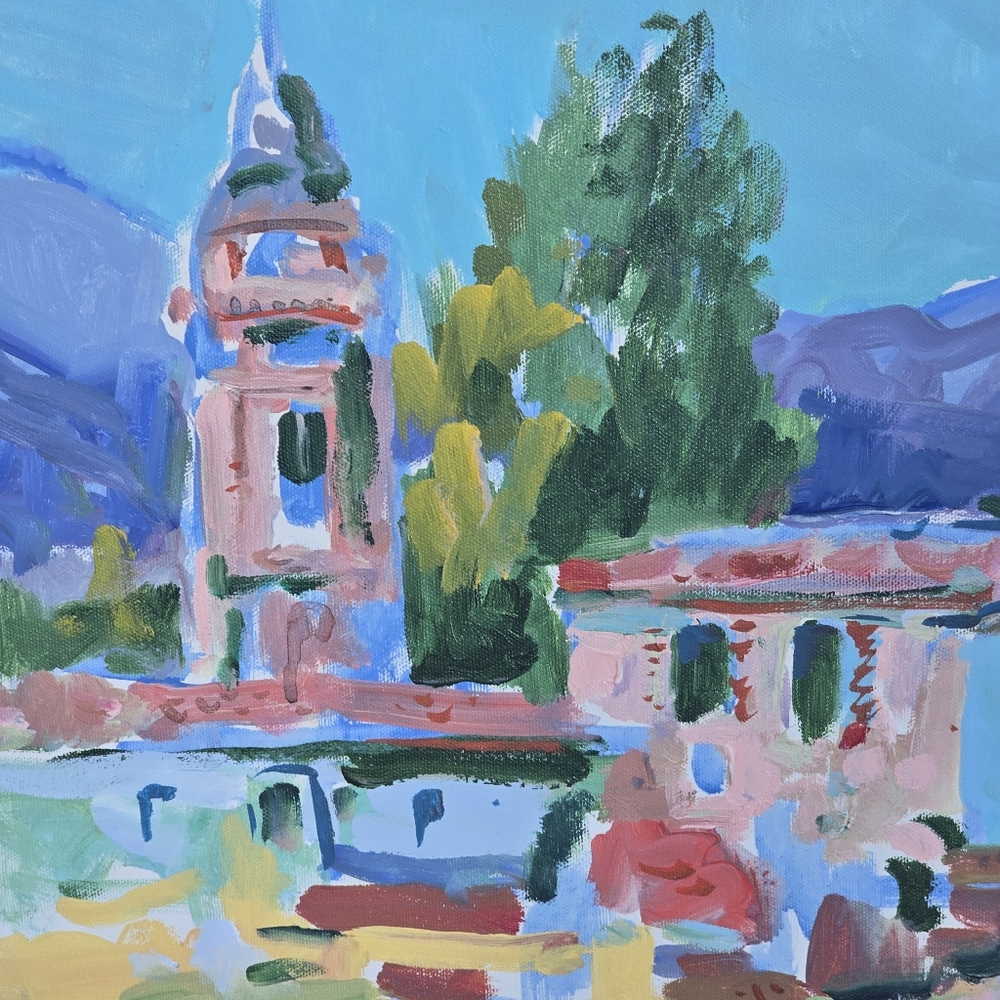 Vintage Mediterranean Village Painting Heinz Rosien Framed 30x24 Coastal MCM Art - Picture 3 of 9